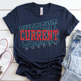Navy Bella Canvas shirt with layered Current Soccer graphic in red and teal lettering we are 