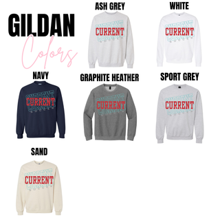 Gildan sweatshirt in navy, ash grey, graphite heather, sport grey, white, and sand with Current Soccer graphic design