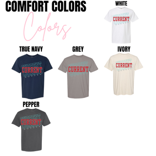 Comfort Colors tee in true navy, grey, ivory, white, and pepper with Current Soccer stacked soccer graphic