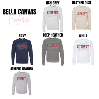 Bella Canvas crewneck sweatshirt in navy, ash grey, deep heather, white, and heather dust with Current Soccer stacked graphic