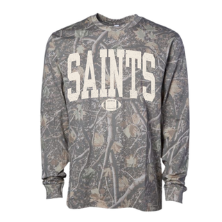 Topeka Saints Distressed Arch Football Camo Long Sleeve Top with white SAINTS lettering