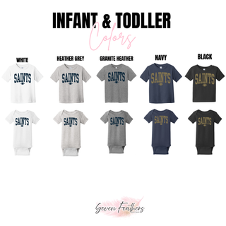 Infant bodysuit and toddler color options for the Topeka Saints Distressed Arch Football Top