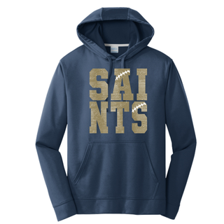 Deep navy Topeka Saints Stacked Football Performance Fleece Hoodie with gold SAINTS lettering and football lace accents