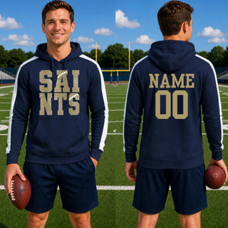 Front and back view of a personalized navy Topeka Saints Stacked Football Fan Favorite Hoodie on a male model