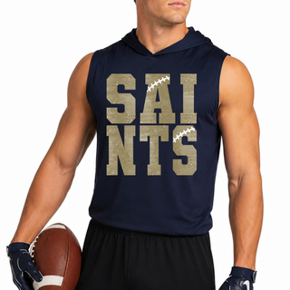 Male model wearing a true navy Topeka Saints Stacked Football Competitor Sleeveless Hoodie with distressed gold lettering