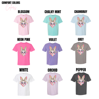 Bubble Bunny Bliss Graphic Tee shown in Comfort Colors Blossom, Chalky Mint, Chambray, Neon Pink, Violet, Grey, White, Orchid, and Pepper options