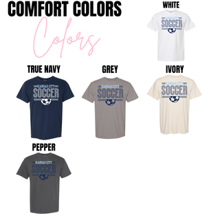 Comfort Colors Kansas City Soccer graphic apparel available in True Navy, Grey, Ivory, White, and Pepper unisex styles
