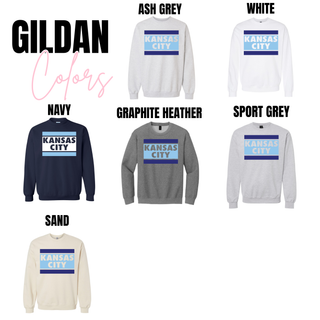 Gildan unisex Kansas City stripe block graphic top available in Ash Grey, White, Navy, Graphite Heather, Sport Grey, and Sand color options