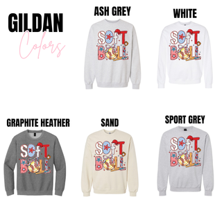 Softball graphic sweatshirt and long sleeve available in Gildan brand shown in ash grey, white, graphite heather, sand, and sport grey with bold red and blue softball artwork.