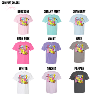 Comfort Colors softball graphic shirt shown in blossom, chalky mint, chambray, neon pink, violet, grey, white, orchid and pepper