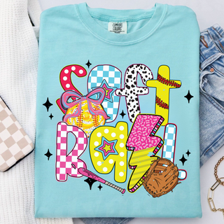 Softball graphic Comfort Colors shirt in chambray featuring colorful SOFTBALL lettering with bow, bat, glove and baseball details