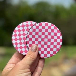 Pink Checkered Car Coasters Set of 2