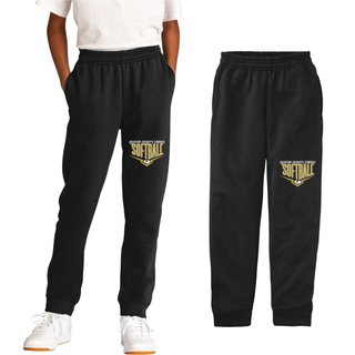 Black fleece joggers featuring Jackson Heights Cobras Softball Home Plate logo printed on upper left leg with elastic waistband and tapered fit