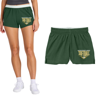 Jackson Heights Cobras Softball forest green jersey knit squad shorts with white elastic waistband and gold home plate logo printed on left leg