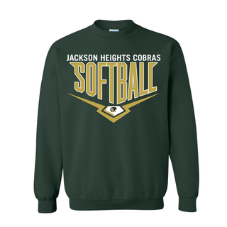Jackson Heights Cobras Softball Home Plate crewneck sweatshirt in forest green with gold and white team graphic on front