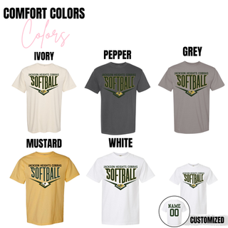 Jackson Heights Cobras Softball Home Plate Comfort Colors short sleeve top options in ivory, pepper, grey, mustard, and white with optional back personalization