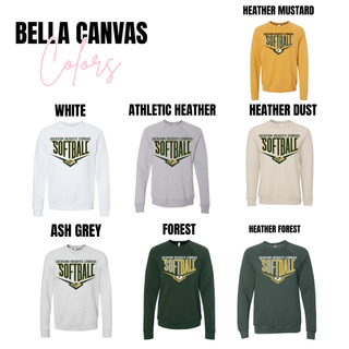 Jackson Heights Cobras Softball Home Plate Bella Canvas crewneck sweatshirt options in white, athletic heather, ash grey, forest, heather forest, heather dust, and heather mustard