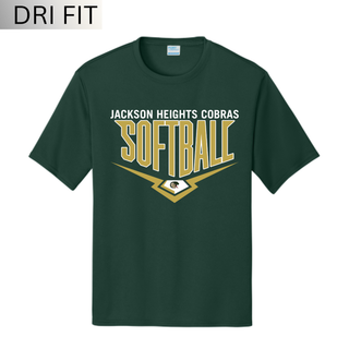 Jackson Heights Cobras Softball Home Plate design printed on dark green short sleeve tee featuring gold and white softball graphic