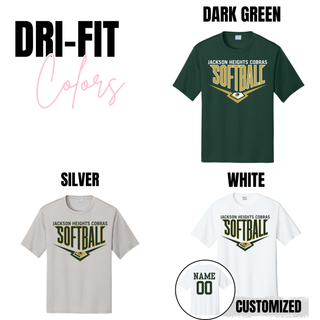 Jackson Heights Cobras Softball Home Plate short sleeve tee available in dark green, silver, and white with optional back name and number customization