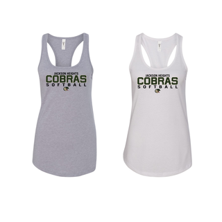Jackson Heights Cobras Softball women’s racerback tank in heather grey and white featuring stacked team logo on front