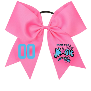 Pink Silver Lake Softball hair bow with Silver Lake Magic logo and printed number