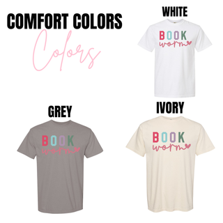Book Worm graphic t shirt on Comfort Colors in white, grey, and ivory color options