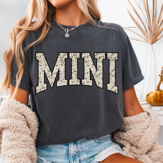 Mini camo varsity graphic shirt on charcoal tee