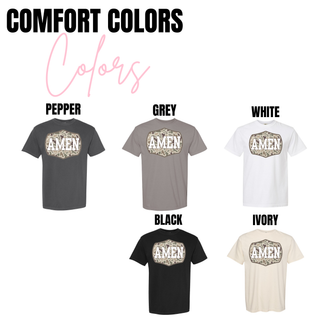 Amen camo graphic t shirt available in pepper, grey, white, black, and ivory