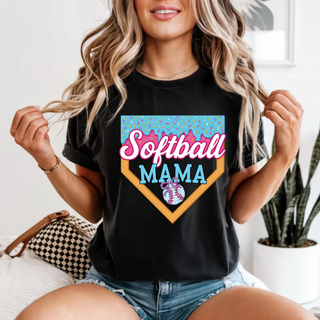 Softball Mama ice cream drip graphic shirt on black tee with colorful sprinkles design and softball home plate artwork.