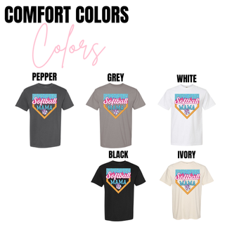 Softball Mama ice cream drip personalized comfort colors in blue font on black top in pepper, grey, white, black, ivory.