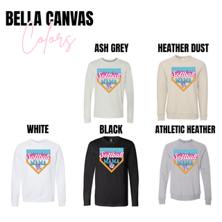 Bella Canvas Softball Mama ice cream drip graphic long sleeve and sweatshirt available in ash grey, heather dust, white, black, and athletic heather