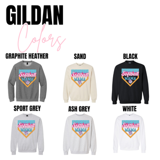 Gildan Softball Mama ice cream drip graphic sweatshirt and tee available in graphite heather, sand, black, sport grey, ash grey, and white