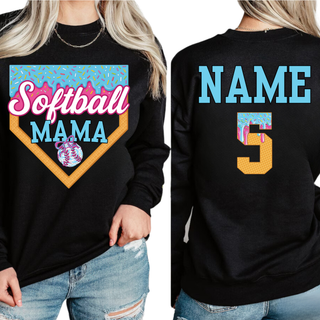 Softball Mama personalized shirt with blue custom name and number on back