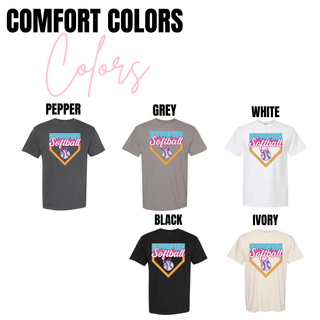 Pepper, Grey, White, Black, and Ivory Comfort Colors tops featuring the Softball ice cream drip varsity graphic with pink script Softball text and detailed softball bow inside the home plate design.
