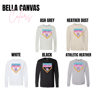 Ash Grey, Heather Dust, White, Black, and Athletic Heather Bella Canvas tops featuring the Softball ice cream drip varsity graphic with sprinkle background and softball bow illustration.