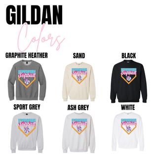 Graphite Heather, Sand, Black, Sport Grey, Ash Grey, and White Gildan tops featuring the Softball ice cream drip varsity graphic with home plate design and bow softball detail.