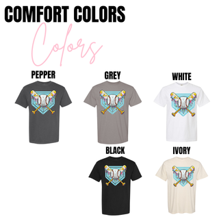 Comfort Colors black top featuring a bold ice cream baseball drip graphic with a detailed baseball centered over crossed bats and a teal geometric background, offered in white, black, grey, ivory, and pepper color options.