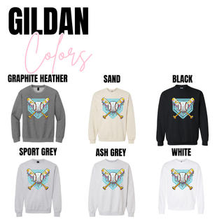 Gildan black top featuring a colorful ice cream baseball drip graphic with a detailed baseball centered over crossed bats and a teal geometric background, available in ash grey, white, black, graphite heather, sport grey, and sand color options.