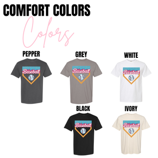 Ice cream baseball home plate graphic Comfort Colors top shown in Pepper, Grey, White, Black, and Ivory.
