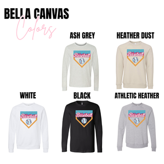 Ice cream baseball home plate graphic Bella Canvas top shown in Ash Grey, Heather Dust, White, Black, and Athletic Heather.
