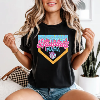 Black top featuring a vibrant ice cream drip Baseball Mama graphic designed on a home plate shape with colorful sprinkles and a detailed baseball accent, shown styled for a bold baseball mom look.
