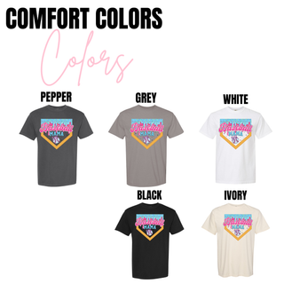 Comfort Colors top featuring the vibrant ice cream drip Baseball Mama graphic displayed in pepper, grey, white, black, and ivory color options.