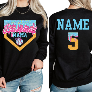 Black top featuring the Baseball Mama ice cream drip graphic on the front and customizable name and number design on the back with matching colorful drip details.