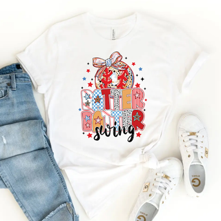 White patriotic Batter Batter Swing baseball shirt with red white and blue graphic design