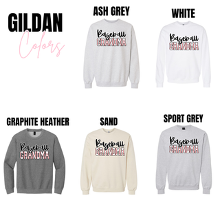 Gildan top featuring a bold Baseball Grandma graphic with varsity block lettering and stitched baseball seam detailing, shown in ash grey, graphite heather, sport grey, sand, and white color options.