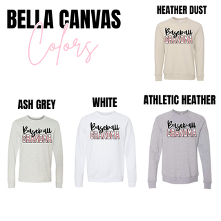 Bella Canvas top featuring a bold Baseball Grandma graphic with varsity block lettering and stitched baseball seam detailing, shown in ash grey, heather dust, deep heather, white, and athletic heather color options.