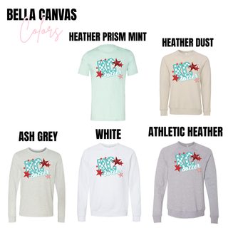 Bella Canvas tops in heather prism mint, heather dust, ash grey, white, and athletic heather featuring the KC soccer checkerboard graphic with teal lettering and red star accents shown across brand color options.