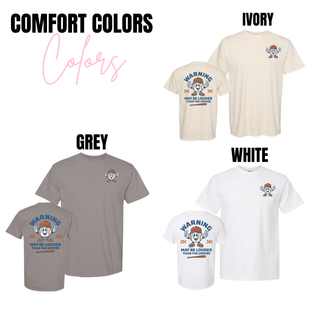 Comfort Colors baseball top featuring a small front baseball mascot and large back Warning May Be Louder Than The Umpire graphic available in ivory, grey, and white.