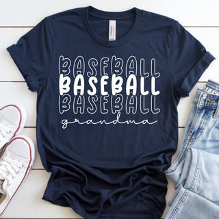 Navy Bella Canvas top featuring a stacked baseball text design with the word baseball layered three times and grandma written in script underneath.