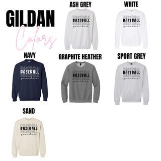Gildan top featuring a stacked baseball text design with the word baseball layered three times and grandma written in script underneath, shown in Ash Grey, White, Navy, Graphite Heather, Sport Grey, and Sand options.